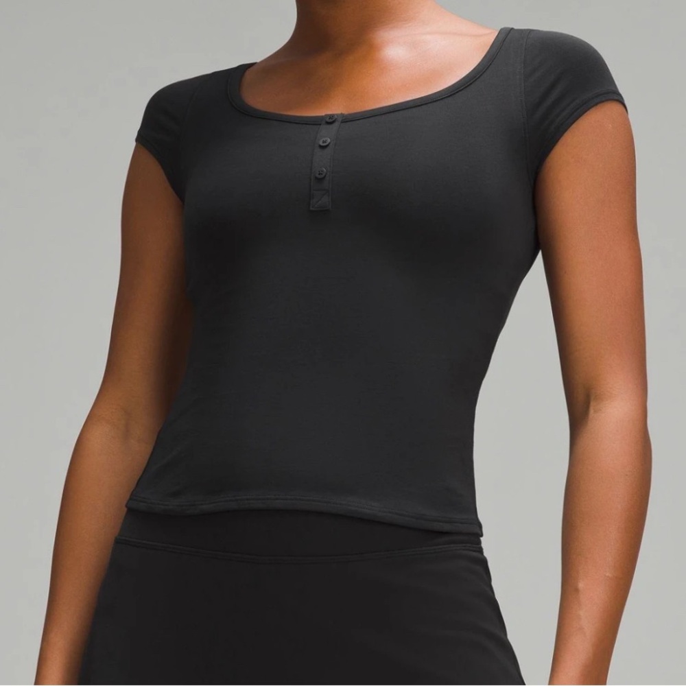 Lululemon Black Cap-Sleeve Buttoned Henley T-shirt